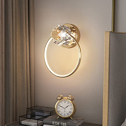 LOGT 10W LED Wandleuchte Innen Kristall, Gold Finish, Ring Messing Wandlampe Warmes Licht 3000K, 780 LM, Wandlicht Schlafzimmer Nachttischlampe, Moderne Beleuchtung für Wohnzimmer Esszimmer Deko