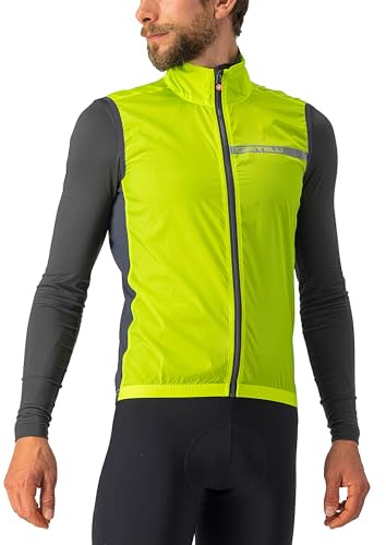 CASTELLI Men's Squadra Stretch Vest, Windproof Full Lenth Zip Shell with High Collar for Road and Gravel Biking I Cycling - Electric Lime/Dark Gray - Medium