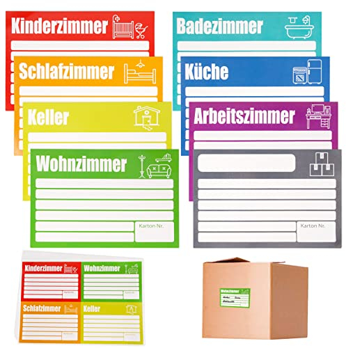 80 Stk XL Umzugsaufkleber 15 x 10cm Umzugsetiketten Selbstklebend zum Beschriften von Umzugskartons Aufkleber Etiketten Sticker beschreibbar beim Umzug in Ordnung 8 Farben für Übersicht