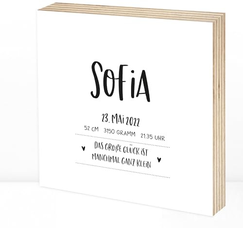 Wunderpixel® Holzbild personalisiert mit Namen & Geburtsdaten & Spruch 15x15x2cm zum Hinstellen/Aufhängen echter Fotodruck auf Holz - persönliches Wand-Bild Aufsteller Deko oder als Geschenk-Idee