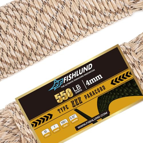 Cuerda de paracaídas FISHLUND de 550 lb, 7 hebras tipo III, 50 pies, 4 mm, nailon para acampar, Camuflaje del desierto