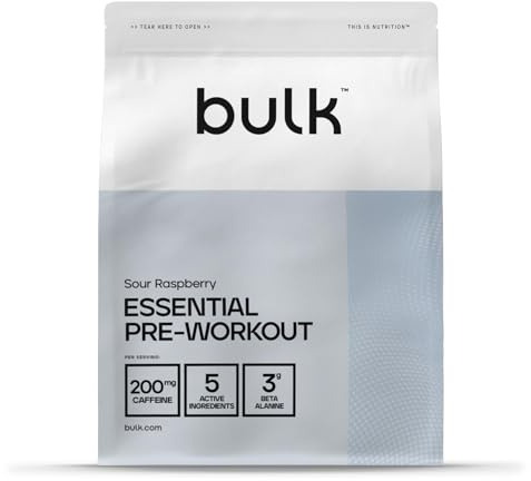 Bulk Essential Pre-Workout Powder, Energy Drink With Caffeine, Beta Alanine, Arginine (AAKG), Citrulline, Sour Raspberry, 375 g, 30 Servings, Packaging May Vary