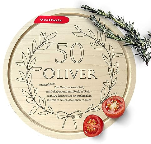 Geschenke Männer Geburtstag Grillen - sinnvolle Geburtstagsgeschenke für Männer 50 Jahre gesucht? - Personalisiere Dein Schneidebrett rund - Brotzeitbrett Holz mit Gravur & Namen (Geburtstag)