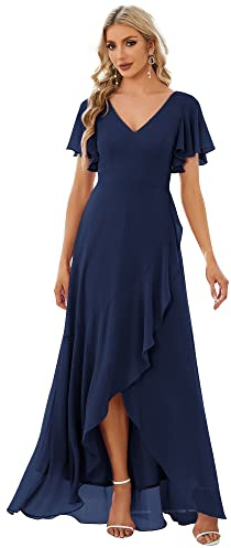 Ever-Pretty Damen Ballkleider Asymmetrisch V-Ausschnitt Bodenlang Chiffon Rückenfrei Elegant Navy Blau 40EU