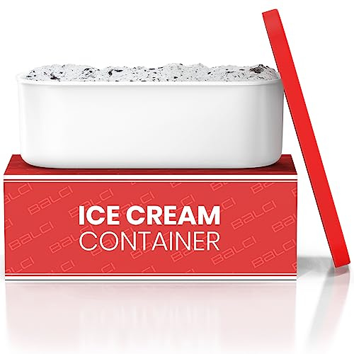 BALCI - Ice Cream Container - 2 Quart - Perfect Reusable Freezer Storage for Homemade Ice Cream Tubs for Sorbet, Frozen Yogurt and Gelato! - Flexible Silicone Lids, Long Scoop, Stackable - Red