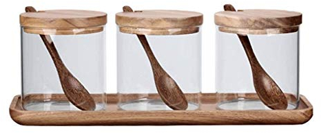 TONZN Condiment Container Seasoning Box Set Salt Sugar Spice Pepper Condiment Container Kitchen Cruet Seasoning Pots with Bamboo Wooden Spoon Lid and Base