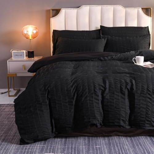 Delien Bettwäsche-Set 200x200 3teilig Schwarz Microfaser Seersucker Bettbezug Mit Streifen Weich Flauschig - 1 Bettbezug und 2 Kissenbezüge 80x80cm