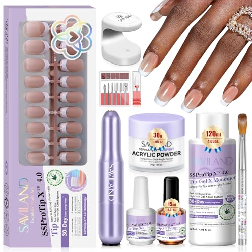 SAVILAND Kit d'Ongles Acrylique: SSProTip X 150PCS French Capsules Tenue Longue Durée et Facile à Appliquer avec Liquide Acryliques, Ponceuse a Ongle, Lampe a Ongle, Pinceau Acrylique pour Débutants
