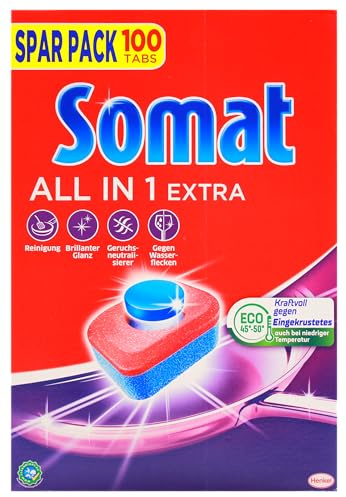SOMAT All in 1 Extra Spülmaschinen Tabs (6 x 100 Tabs), für strahlend sauberes Geschirr auch im Niedrigtemperatur-, Kurz- & Eco-Programm, entfernt Eingekrustetes und sorgt für brillanten Glanz