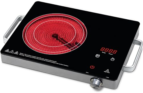 Silver Style – Placa vitrocerámica, 1 luz posable, 2000 W, temporizador, estufa eléctrica de ajuste de 10 posiciones, asas, superficie resistente, simple chimenea infrarroja, acabado inoxidable (Solo)