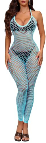 Buitifo Womens Sexy Bodysuit Fishnet Tights Bodycon Jumpsuit LightBlue M