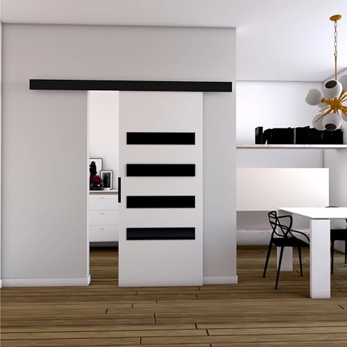 MINIO go for it - Schiebetüren 96 cm, Schiebetür Zimmertür PRIM F, Schiebetürsystem für Zimmer, Dekorative Elemente, Wandmontage, Türe Innen - Schwarz/Schwarzer Griff, Weiss/Schwarz