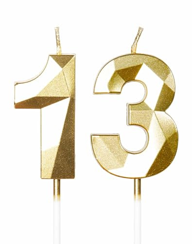 mciskin Guld 13-års födelsedagsljus, 3D-nummer 13 ljus för tårta, flickor pojkar 13-årsdag dekorationer, pärlguld ljus tårtdekoration för födelsedagsfest bröllop jubileumstillbehör