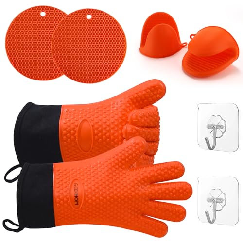 GEEKHOM Silicone Oven Gloves Set, Heat Resistant Oven Mitts and Pot Holders with Sticky Hook Waterproof Non-Slip Kitchen Gloves with Fingers for Cooking Baking Barbecue Grilling Microwave, Orange