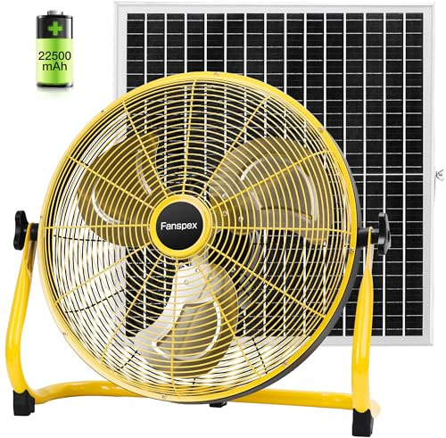 Fanspex Ventilatore da terra solare ricaricabile da 45,7 cm per esterni, ventilatore a batteria da 22500 mAh con pannello solare da 35 W per patio, gazebo, campeggio, inclinazione a 360°