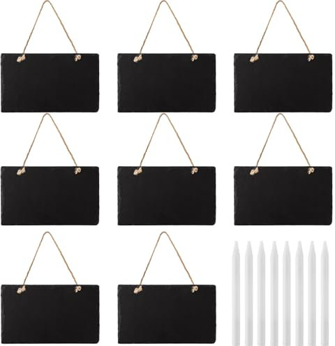 YAYODS 8 lavagne in ardesia da appendere – 15 x 25 cm lavagna in ardesia per scrivere e appendere – Lavagna lavabile, resistente alle intemperie – Piccole lavagne con gesso e cordoncino di iuta per