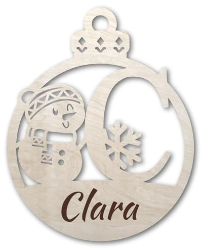 Urhome Weihnachtskugel personalisiert mit Wunschtext Gravur Buchstabe C mit Schneeman Motiv Hell Braun - Ornament Christbaumschmuck Weihnachtsdeko Weihnachtsbaum Anhänger aus 6,5mm Holz