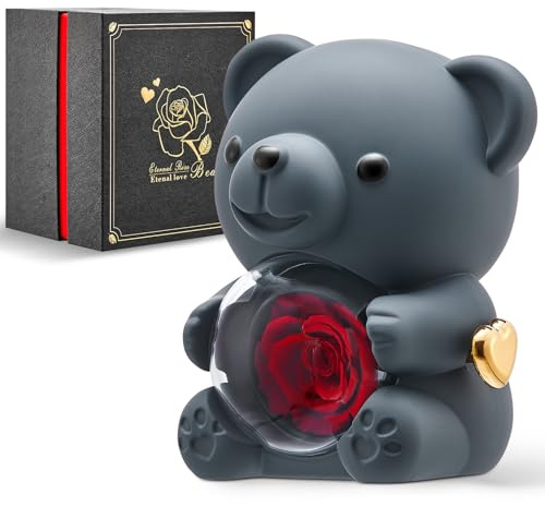 Mikasol Romantischer Grau Teddybär mit Erhaltener Rose - Echte Rose in Eleganter Schwarzer Geschenkbox Valentinstag, Jahrestage, Hochzeiten, Brautpartys und Muttertag