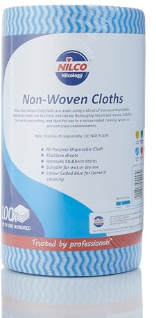 Nilco Rouleau de Chiffons Non-tissés Bleus Multi Usage Mélange de Viscose et Polyester, pour Un Nettoyage Efficace des Taches et de la saleté, Bleu 100 Feuilles