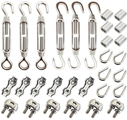 Set di 30 Tenditori, Tendifilo M4, Morsetti per Fune Metalliche da 3 Mm, Morsetti Duplex da 3 Mm, Ditali per Fune Metalliche da 3 mm e Manicotti A Crimpare in Alluminio per Morsetti Stendibiancheria