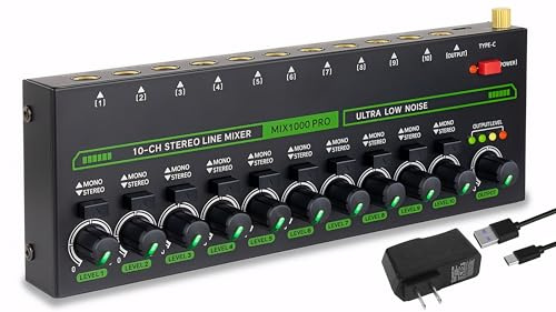 10 Channel Mixer, Compact Mini Mono/Stereo Audio Mixer Line Mixer for Sub-Mixing, Ultra-low Noise 6.35mm 1/4 TRS Input/Output, 5V/2A Sound Mixer for Mics/Keyboards Mixer/Guitars/Bass/Stage