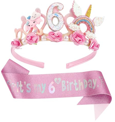 LunarCharm Stirnband zum 6. Geburtstag, Blumen-Geburtstagskrone und Glitzerschärpe für Mädchen, Dekorationen zum 6. Geburtstag für Mädchen, Geburtstagsparty-Dekorationen