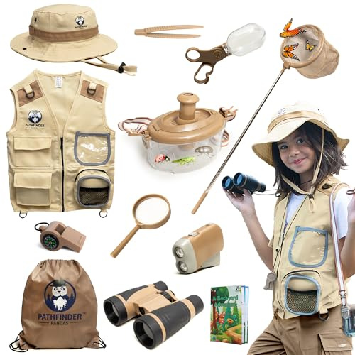 Forscherset für Kinder mit Safari Kostüm, Fernglas & Mehr - 7-12 Jahre | Entdecker Set für Kinder ab 4 mit Becherlupe & Pfadfinder Ausrüstung - Outdoor Spielzeug für Jungen & Mädchen