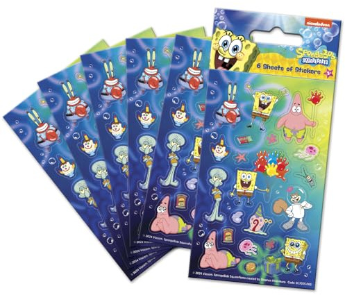 Spongebob Schwammkopf blaue Partytüten-Aufkleber (6 Bögen), offizielles Lizenzprodukt, wiederverwendbar auf nicht-porösen Oberflächen, perfekt als Partytüte oder Strumpffüller, Alter 3 Jahre, Mädchen,