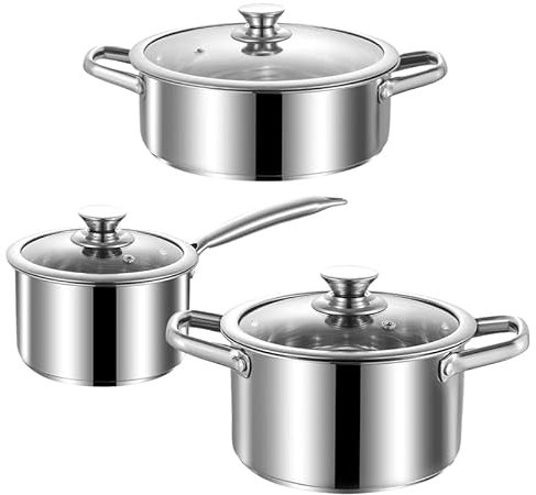 SHEUMNT Ensemble de casseroles et poêles en acier inoxydable, 6 pièces, antiadhésif, compatible avec les plaques de cuisson à induction, électriques et à gaz, antiadhésif, compatible four