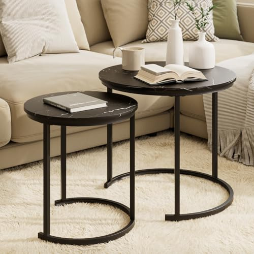HEYZOEY Couchtisch Rund 2er Set, Wohnzimmertisch, Beistelltische Schwarz Metall, Kaffeetisch für Sofatisch, Wohnzimmer, Schlafzimmer, Schwarze Marmor-Optik mit Schwarze Beinen