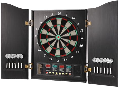 JJsdwin Elektronische Dartscheibe, Dartboard Kabinett mit 12 Dartpfeilen und LED-Anzeigen, Profi E Dart Scheibe für Büros, Gärten, Kneipen und Partyräume, Schwarz