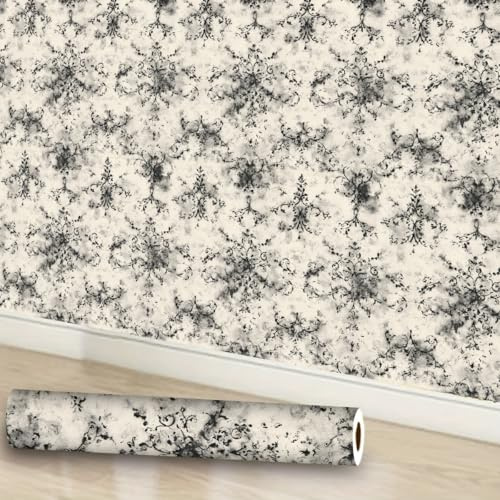 IOHEFY Vintage Damask Wallpaper Peel and Stick 17.7 x 118.1 Black and White Baroque Contact Paper Removable Self Adhesive Vinyl for Bedroom Living Room Accent Wall Decor