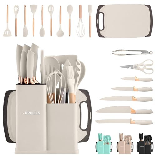 JUPPLIES Juego de Utensilios de Cocina de Silicona 19 Piezas con Cuchillos, Tijeras y Tabla de Cortar – Set Antiadherente Resistente al Calor – Apto para Todas Las Ollas y Sartenes - Beige