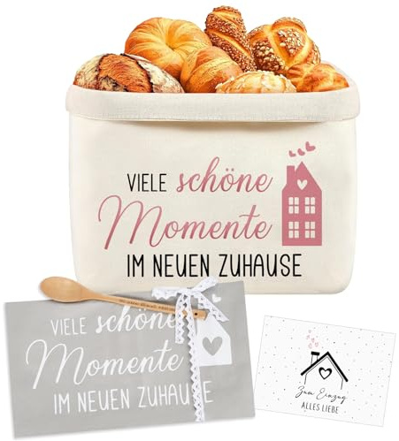 Geschenk zum Einzug Set - Brotkorb | Geschirrtuch | Kochlöffel aus Holz | Grußkarte, Einzugsgeschenke Neue Wohnung, Viele Schöne Momente im Neuen Zuhause