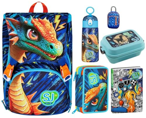 SJ Gang Set Scuola Dragon, Zaino Estensibile 24L con Astuccio, Diario, Borraccia 460ml e Portamerenda, Blu