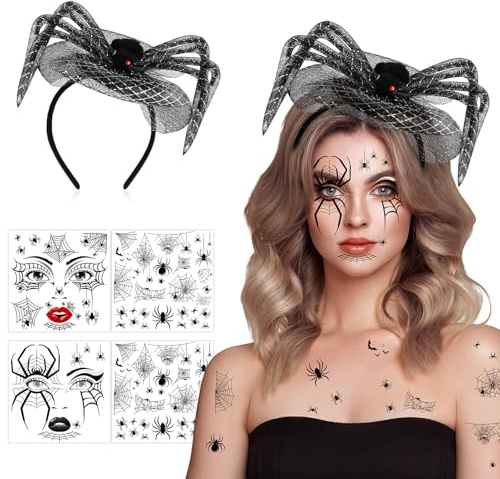 HOWAF Spinnen Haarreif & Halloween Tattoo Gesicht für Spinnenkostüm, Spinnen Halloween Kostüm Damen Herren, Karneval Fasching Kostüm, B