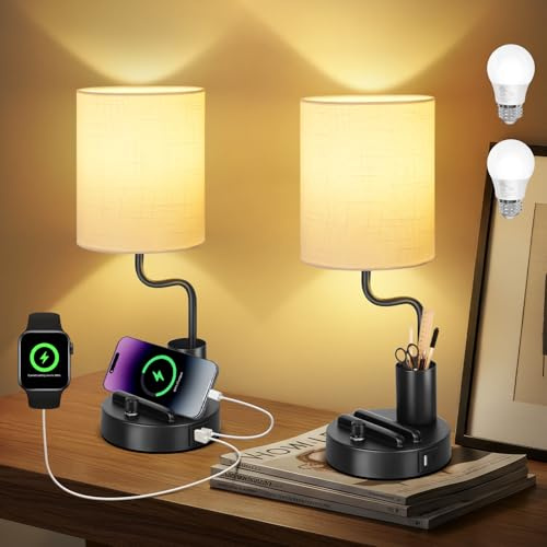 OUTON Bedside Table Lamps Set of 2 – Stepless Dimmable Nightstand Light with Linen Shade, USB-A & USB-C Ports, Phone Stand & Pen Holder, 2700K Warm LED Bulb Included, for Bedroom, Dorm, Office, Black