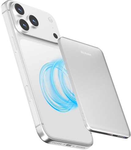 Hichain Batterie Externe Magnétique sans Fil Ultra Mince 5000mAh, Compatible avec MagSafe, Charge Rapide 22.5W Max, Power Bank pour iPhone 12/13/14/15/16/17 Series (White)