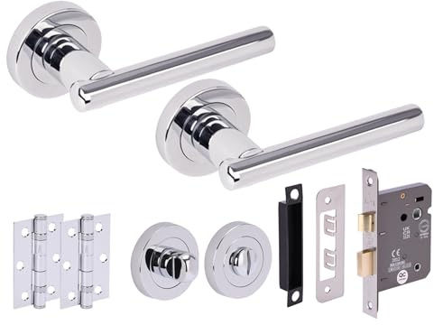 Hunta HANDLEZONE® Solus Door Handles on Rose Bathroom Lock Pack with Ball Bearing Hinges - Polished Chrome