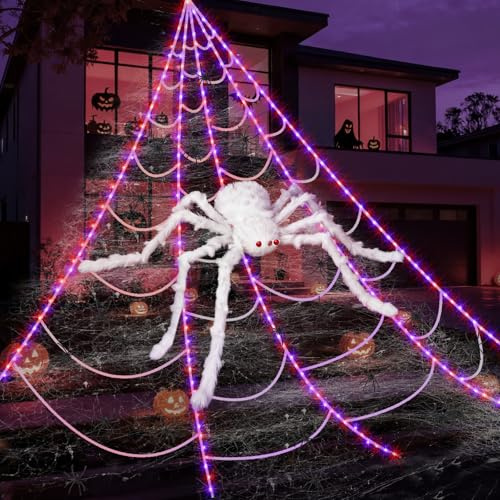 Delousiber 50-Inch Giant Spider Web With Purple LED Lights And 20 Small Spiders, Halloween Giant Spider Horror Decoration, Halloween Decorations