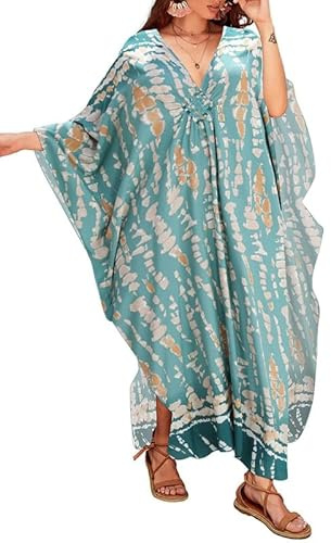 Bsubseach Dam solid färg cover up V-ringad batwing sleeve plus size strand kaftan klänningar, Y-blått batikmönster, one size