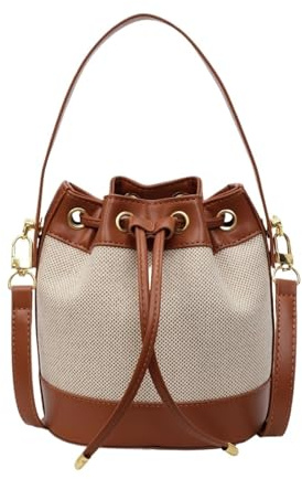 kinganrun Trendy bucket bag, drawstring closure, color-blocked cosmetic bag, versatile casual shoulder/crossbody bags.(Brown)