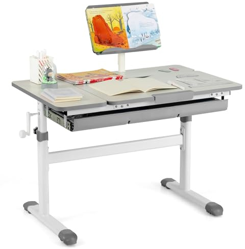 COSTWAY Kinderschreibtisch 51-73cm Höhenverstellbar, Schülerschreibtisch mit neigbarer Tischplatte, Bücherständer, Schublade & Messlineal, ergonomischer Jugendschreibtisch für 3-12 Jahre Kinder (Grau)