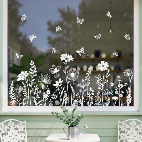 Tanlaby Fensterbilder Weiße Wildblumen Pusteblume Schmetterling Fenstersticker