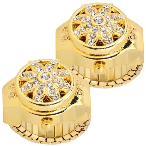 DOITOOL Goldene Digitale Ringuhr mit Strassblüten, Verstellbar, 2 Stück | Zinklegierung, Dekoratives Design, Eleganter Stil, Robust und Rostarm, für Frauen als Modisches Accessoire