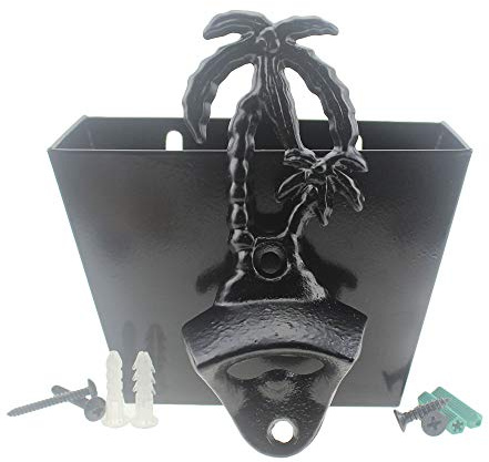 Luwanburg Black Cast Iron Bottle Opener Wall Mounted Palm Tree Beer Top Opener with Cap Catcher Bundle for Beach Theme
