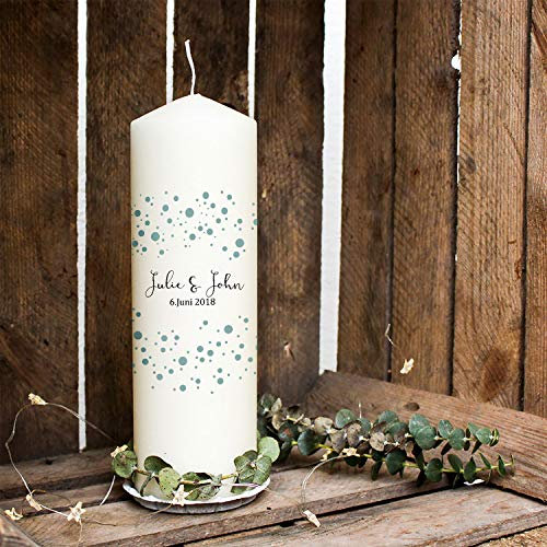 Hochzeitskerze Kerze zur Hochzeit Trauung Traukerze mit Namen Wunschnamen, Datum & Konfetti wk76 - ausgewählte Farbe: *taubenblau*
