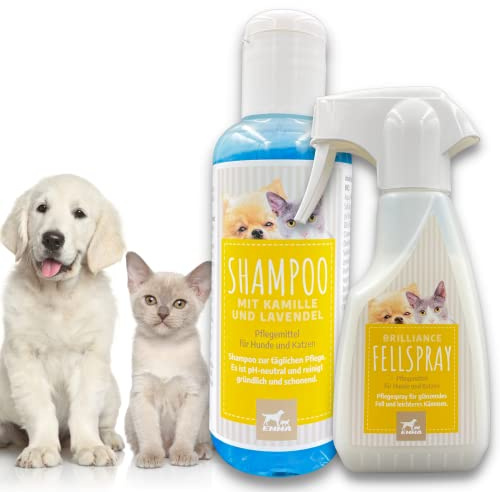 EMMA Entfilzungsspray Hund & Katze + Hundeshampoo Kamille 2×250 ml | Fellpflege-Set für Langhaar & Kurzhaar – Entwirrspray für Knoten und Verfilzungen, mildes Shampoo