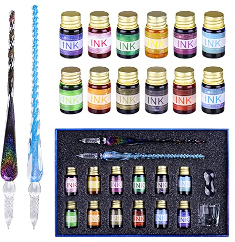 OFUN Glass Dip Pen Set, Crystal Ink Pen Set with 2 Glass Pens, 12 Colorful Inks, Pen Holder and Cleansing Cup, Dip Pens for Art, Writing, Drawing, Signatures, Gift for Kids and Artist