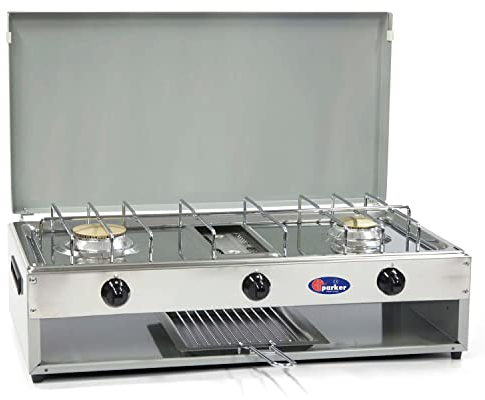 Fornello a gas Gpl 2 fuochi con grill inox per uso esterno Cfparker mod 552G Colore Grigio - Casa e Campeggio
